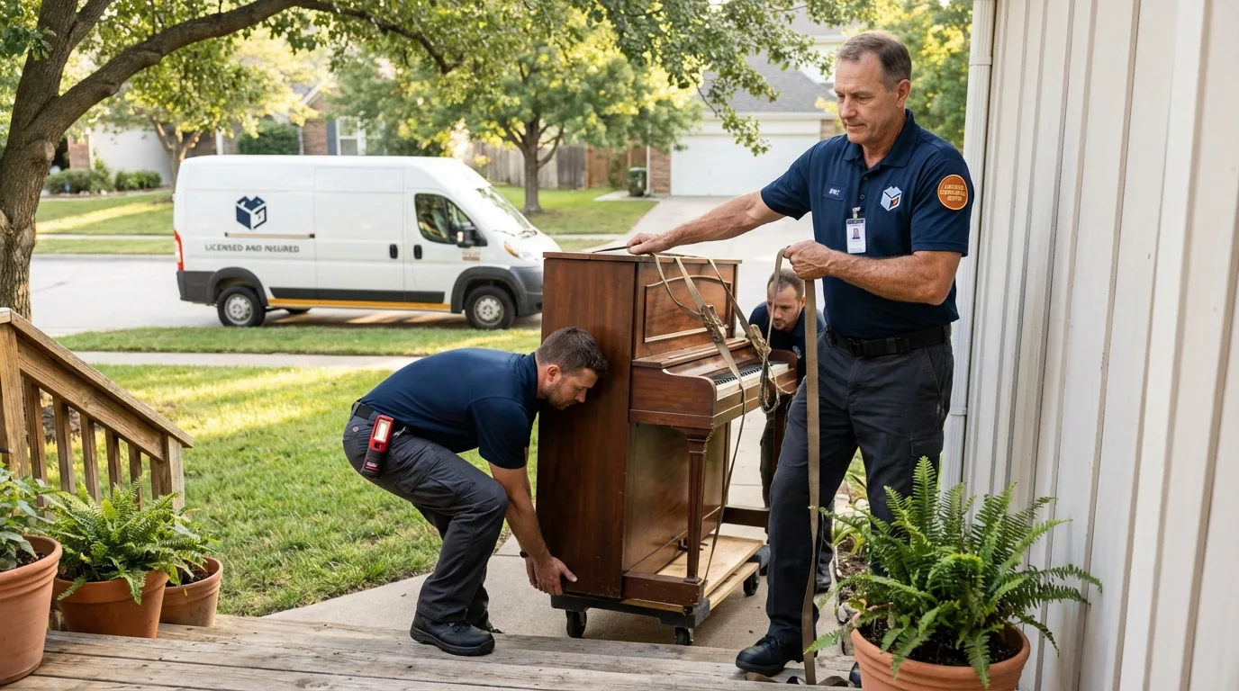 Licensed piano movers securing grand piano in Stone Park, IL